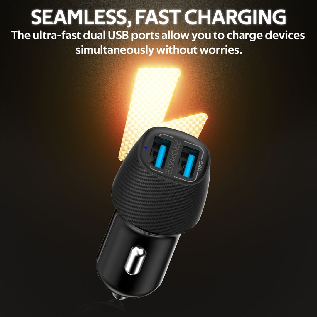 Promate 3.4A Sleek Carbon Fiber Design Car Charger With 2 USB Ports in Qatar Promate 3.4A Sleek Carbon Fiber Design Car Charger With 2 USB Ports in Qatar